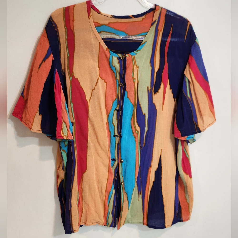 Vintage Handmade Colorful Abstract Button-Up Blouse